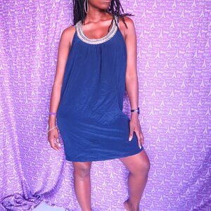 Joie racerback jeweled neckline silk short shift dress in navy blue and silver L